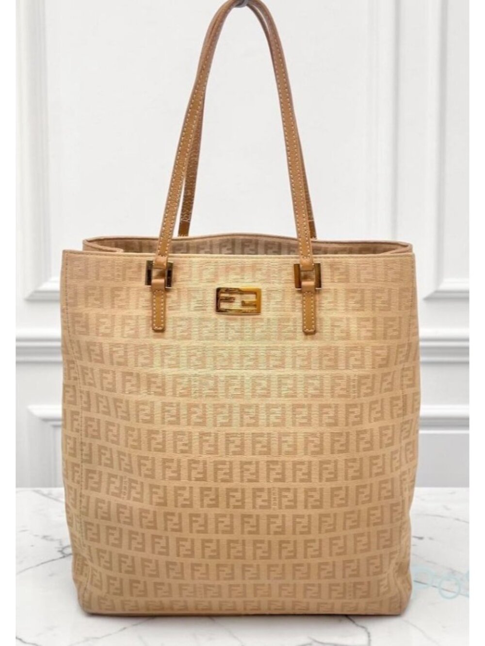 Fendi Zucca Beige Canvas Tote Bag With Leather Trim & Gold Hardware Made In Ital